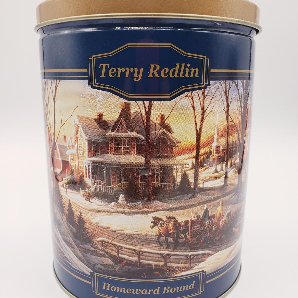 Terry Redlin Vintage Christmas Tin "Homeward Bound" 1999 Olive Can Co Navy Blue.